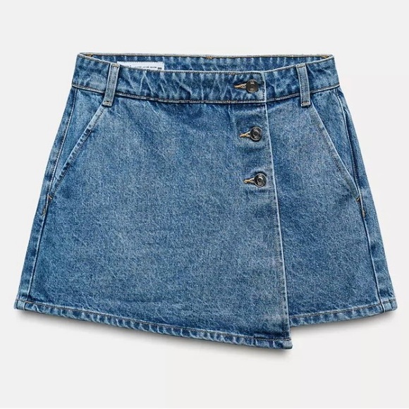 Zara denim wrap skirt Skort Washed effect Rigid denim Womens M Pockets High rise - Picture 1 of 12